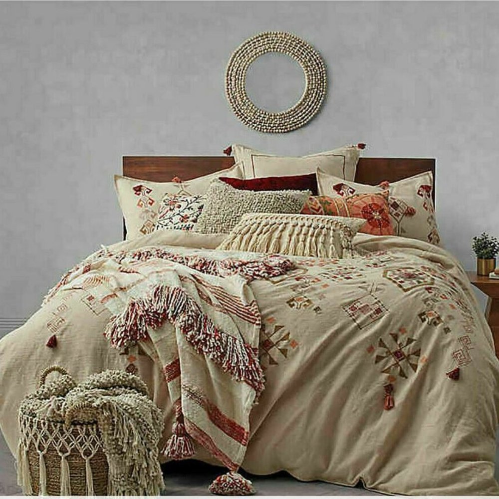 Bohemian/Boho  Global Caravan Tassel Embroidery Natural King Duvet Cover